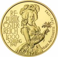 Austria coin 1000 Schilling - Marie Antoinette (1997) reverse reverse of 1000 Schilling - Marie Antoinette (1997) coin with KM# 3043 from Austria. Inscription: RE- PUPLIK ÖSTER- REICH 1000 SCHILLING 1997 MARIE ANTOINETTE 1755-1793