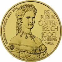 Austria coin 1000 Schilling - Kaiserin Elisabeth (1998) reverse reverse of 1000 Schilling - Kaiserin Elisabeth (1998) coin with KM# 3052 from Austria. Inscription: KAISERIN ELISABETH 1837-1898 RE- PUBLIK ÖSTER- REICH 1000 SCHILLING 1998