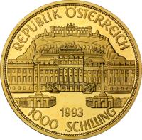 Austria coin 1000 Schilling - Maria Theresa - 1000 Years of Austria (1993) reverse reverse of 1000 Schilling - Maria Theresa - 1000 Years of Austria (1993) coin with KM# 3013 from Austria. Inscription: REPUBLIK ÖSTERREICH 1993 1000 SCHILLING