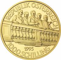 Austria coin 1000 Schilling - 50th Anniversary second Republic (1995) reverse reverse of 1000 Schilling - 50th Anniversary second Republic (1995) coin with KM# 3030 from Austria. Inscription: REPUBLIK ÖSTERREICH 1995 1000 SCHILLING