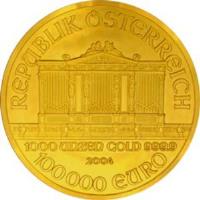 Austria coin 100 000 Euro - Vienna Philharmonic (2004) reverse reverse of 100 000 Euro - Vienna Philharmonic (2004) coin with KM# 3123 from Austria. Inscription: REPUBLIK OSTERREICH 1000 UNZEN GOLD 999.9 2004 100000 EURO