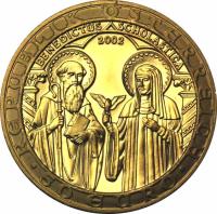 Austria coin 50 Euro - Orden und die Welt (2002) reverse reverse of 50 Euro - Orden und die Welt (2002) coin with KM# 3090 from Austria. Inscription: REPUBLIK ÖSTERREICH BENEDICTUS SCHOLASTICA 50 EURO