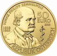 Austria coin 50 Euro - Ignaz Philipp Semmelweis (2008) reverse reverse of 50 Euro - Ignaz Philipp Semmelweis (2008) coin with KM# 3153 from Austria. Inscription: IGNAZ PHILIPP SEMMELWEIS 50 EURO 2003 1818 1865 TP REPUBLIK ÖSTERREICH