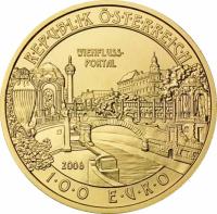 reverse of 100 Euro - Vienna's River Gate (2006) coin with KM# 3136 from Austria. Inscription: R.E.P.U.B.L.I.K Ö.S.T.E.R.R.E.I.C.H WIENFLUSS- PORTAL 2006 1.0.0 E.U.R.O