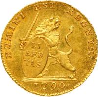 Austrian Netherlands coin 14 Florins / 14 Guldens - Insurrection Coinage (1790) obverse obverse of 14 Florins / 14 Guldens - Insurrection Coinage (1790) coin with KM# 51 from Austrian Netherlands. Inscription: DOMINI EST REGNVM. LI BER TAS 1790.
