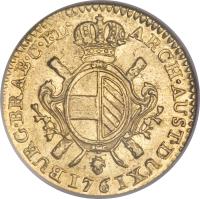 Austrian Netherlands coin 1 Souverain d'Or - Maria Theresa - Trade Coinage (1757 - 1766) reverse reverse of 1 Souverain d'Or - Maria Theresa - Trade Coinage (1757 - 1766) coin with KM# 24 from Austrian Netherlands. Inscription: ARCH · AUST · DUX · BURG · BRAB · C · FL · 1761