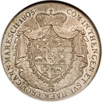 Austrian States coin 1 Konventionstaler - Wilhelm (1805) reverse reverse of 1 Konventionstaler - Wilhelm (1805) coin with KM# 5 from Austrian States. Inscription: PROV CARN MARESCII 1805 COM IN THENGEN ET SVP HAER