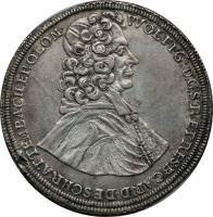 obverse of 1 Taler - Wolfgang (1716) coin with KM# 408 from Austrian States. Inscription: WOLFFG:D:G:S:R:E:PRESB:CARD:DESCHRATTENBACHEP:OLOM