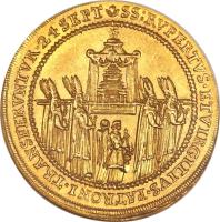 reverse of 6 Dukaten - Consecration of St Rupert Cathedral of Salzburg - Paris (1628) coin with KM# 129 from Austrian States.