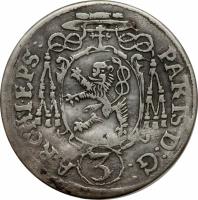 Austrian States coin 3 Kreuzer - Paris (1653) obverse obverse of 3 Kreuzer - Paris (1653) coin with KM# 156 from Austrian States. Inscription: PARIS D:G: ARCHI.EPS: 3