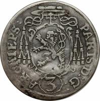 obverse of 3 Kreuzer - Paris (1653) coin with KM# 156 from Austrian States. Inscription: PARIS D:G: ARCHI.EPS: 3