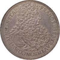 obverse of 1 Speciestaler - Franz Eusebius (1708 - 1715) coin with KM# 31 from Austrian States. Inscription: .FRANC.EUSEB.TRAVTHSONCOM.INFALKHENSTAIN