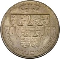 reverse of 20 Francs - Albert I (1938) coin with KM# Pn388 from Belgium. Inscription: BELGIQUE - BELGÏE