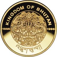 Bhutan coin 10000 Ngultrums - Jigme Singye Wangchuk - Snow Leopard (1996) obverse obverse of 10000 Ngultrums - Jigme Singye Wangchuk - Snow Leopard (1996) coin with KM# 117 from Bhutan. Inscription: KINGDOM OF BHUTAN 1996 1996