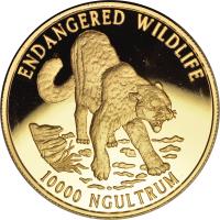 Bhutan coin 10000 Ngultrums - Jigme Singye Wangchuk - Snow Leopard (1996) reverse reverse of 10000 Ngultrums - Jigme Singye Wangchuk - Snow Leopard (1996) coin with KM# 117 from Bhutan. Inscription: ENDANGERED WILDLIFE 10000 NGULTRUM