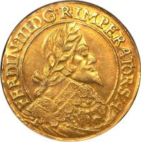 obverse of 10 Dukaten - Ferdinand III (1641 - 1655) coin with KM# 460 from Bohemia. Inscription: FERDIN : III · DG : R : IMPERATOR · S : A :