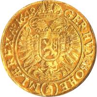 Bohemia coin 10 Dukaten - Ferdinand III (1641 - 1655) reverse reverse of 10 Dukaten - Ferdinand III (1641 - 1655) coin with KM# 460 from Bohemia. Inscription: GER . HVN . BOHE MIAE . REX . A . 1648