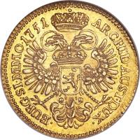 Bohemia coin 1 Dukat - Maria Theresa - Prague mint (1747 - 1765) reverse reverse of 1 Dukat - Maria Theresa - Prague mint (1747 - 1765) coin with KM# 756 from Bohemia.