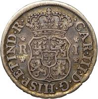 obverse of 1 Real - Carlos III (1767 - 1770) coin with KM# 47 from Bolivia. Inscription: CAR.III.D.G.HISP.ET.IND.R. R I