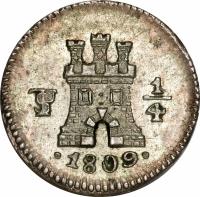 reverse of 1/4 Real - Carlos IV (1796 - 1809) coin with KM# 82 from Bolivia. Inscription: PTS 1/4 .1809.