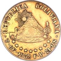 reverse of 8 Scudos (1852) coin with KM# 115 from Bolivia.
