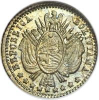obverse of 1/20 Boliviano (1864 - 1865) coin with KM# 149 from Bolivia.