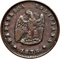 obverse of 1 Centavo (1878) coin with KM# 162 from Bolivia.