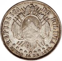 obverse of 20 Centavos - War of the Pacific (1879) coin with KM# 166 from Bolivia.