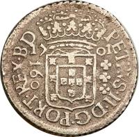 obverse of 160 Réis - Pedro II (1699 - 1702) coin with KM# 88 from Brazil. Inscription: PETRVS · II · DG · PORT · REX · BD 17 01 160