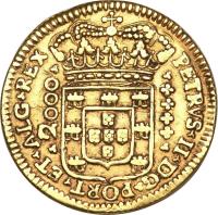 obverse of 2000 Réis - Pedro II (1703) coin with KM# 100 from Brazil. Inscription: PETRVS · II · D · G · PORT · ET · ALG · REX · 2000 ·