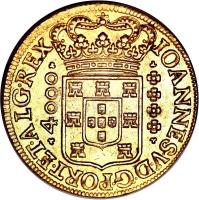 Brazil coin 4000 Réis - João V (1714 - 1727) obverse obverse of 4000 Réis - João V (1714 - 1727) coin with KM# 106 from Brazil. Inscription: IOANNES.V.D.G.PORT.ET.ALG.REX 4000