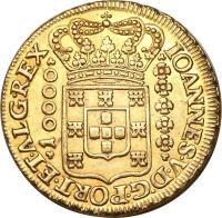 obverse of 10000 Réis - João V (1724 - 1727) coin with KM# 116 from Brazil. Inscription: IOANNES · V · D · G · PORT · ET · ALG · REX 10000
