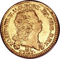 obverse of 800 Réis - João V (1727 - 1731) coin with KM# 119 from Brazil. Inscription: IOANNES. V. D. G. PORT. ET. ALG. REX. 1727. B.