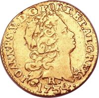 obverse of 800 Réis - João V (1734 - 1749) coin with KM# 153 from Brazil. Inscription: IOANNES.V.D.G.PORT.ET.ALG.REX R. 1734.