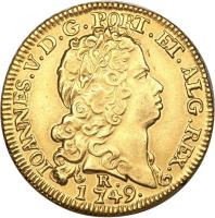 obverse of 3200 Réis - João V (1739 - 1749) coin with KM# 155 from Brazil. Inscription: IOANNES. V. D. G. PORT. ET. ALG. REX. R. 1749.