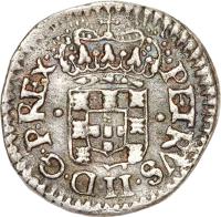 obverse of 20 Réis - Pedro II (1695 - 1698) coin with KM# 74 from Brazil. Inscription: PETRVS.II.D.G.P.REX.