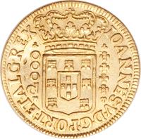Brazil coin 2000 Réis - João V (1714 - 1725) obverse obverse of 2000 Réis - João V (1714 - 1725) coin with KM# 105 from Brazil.