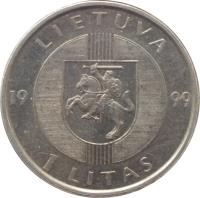 obverse of 1 Litas - 10th Anniversary of the Baltic Way (1999) coin with KM# 117 from Lithuania. Inscription: LIETUVA 19 99 1 LITAS