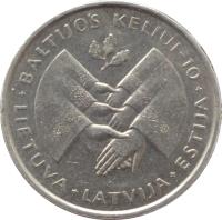 reverse of 1 Litas - 10th Anniversary of the Baltic Way (1999) coin with KM# 117 from Lithuania. Inscription: BALTIJOS KELIUI - 10 LIETUVA * LATVIJA * ESTIJA