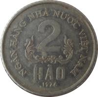 Vietnam coin 2 Hao (1976) reverse reverse of 2 Hao (1976) coin with KM# 12 from Vietnam. Inscription: NGÂN HÀNG NHÀ NU'Ó'C VIỆT NAM 2 HÀO 1976