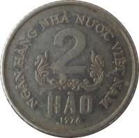 reverse of 2 Hao (1976) coin with KM# 12 from Vietnam. Inscription: NGÂN HÀNG NHÀ NU'Ó'C VIỆT NAM 2 HÀO 1976