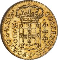 obverse of 2000 Réis - José I (1752 - 1771) coin with KM# 182 from Brazil. Inscription: JOSEPHUS · I · D · G · PORTUG · REX · 2000 ·