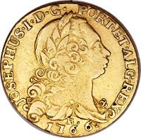 obverse of 3200 Réis - José I (1752 - 1777) coin with KM# 183 from Brazil. Inscription: JOSEPHUS · I · D · G · PORT · ET · ALG · REX R. 1766 ·