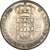 Brazil coin 320 Réis - Maria I (1787 - 1802) obverse obverse of 320 Réis - Maria I (1787 - 1802) coin with KM# 221 from Brazil. Inscription: MARIA · I · D · G · PORT · REGINA · ET · BRAS · D · 17 90 · 320 ·