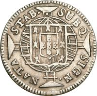 reverse of 80 Réis - João VI (1818 - 1821) coin with KM# 322 from Brazil. Inscription: SUBQ SIGN. NATA STAB.