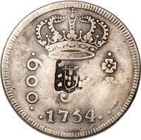 obverse of 640 Réis - João Prince Regent - Countermarked (1809) coin with KM# 300 from Brazil. Inscription: · 600 · J · 1754 ·