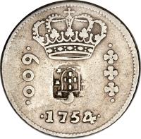 obverse of 640 Réis - João Prince Regent - Countermarked (1809) coin with KM# 299 from Brazil. Inscription: · 600 · J · 1754 ·
