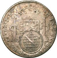reverse of 960 Réis - João Prince Regent - Minas Gerais; Countermarked (1808) coin with KM# 241 from Brazil.