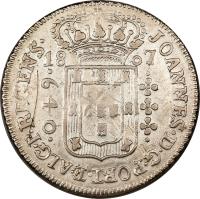 obverse of 640 Réis - João Prince Regent (1806 - 1808) coin with KM# 237 from Brazil. Inscription: JOANNES · D · G · PORT · ET · ALG · P · REGENS · 1807 · 640 ·