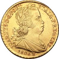 Brazil coin 6400 Réis - João Prince Regent (1805 - 1817) obverse obverse of 6400 Réis - João Prince Regent (1805 - 1817) coin with KM# 236 from Brazil. Inscription: JOANNES · D · G · PORT · ET · ALG · P · REGENS · 1806 · R ·